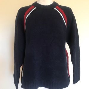 Dark navy sweater w/ red & white stripe accents